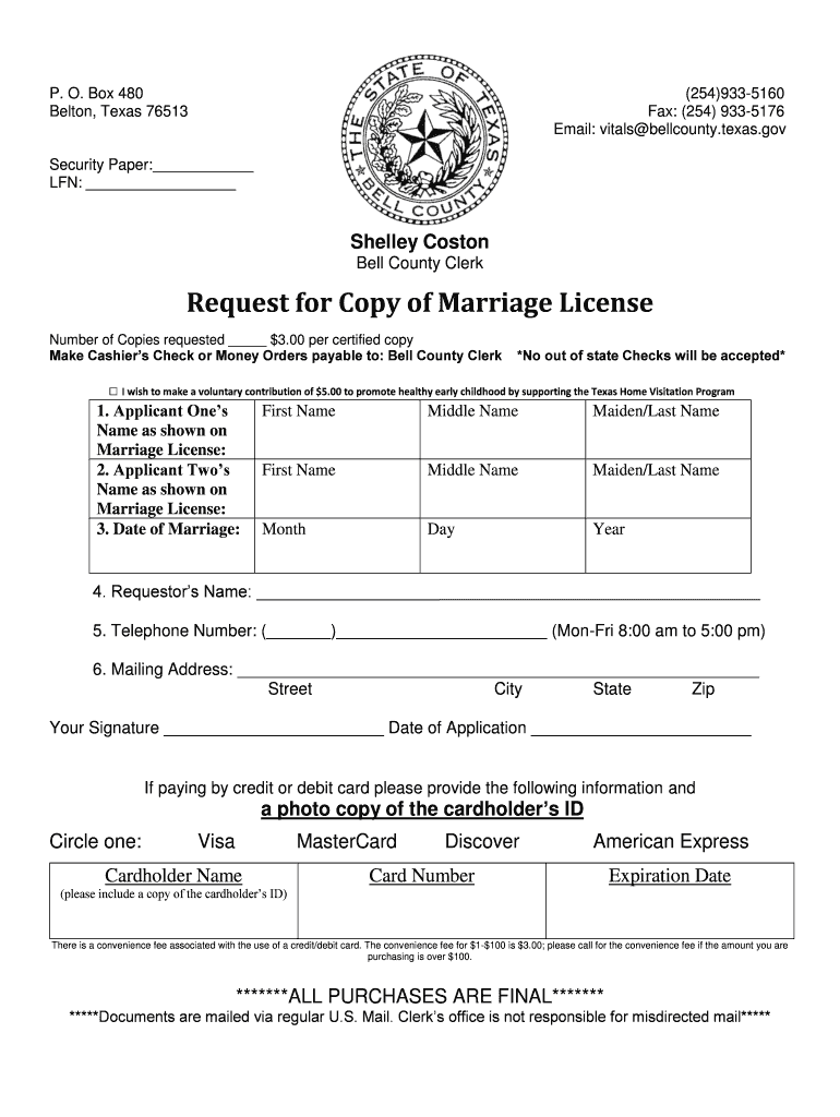Texas Bell County Marriage  Form
