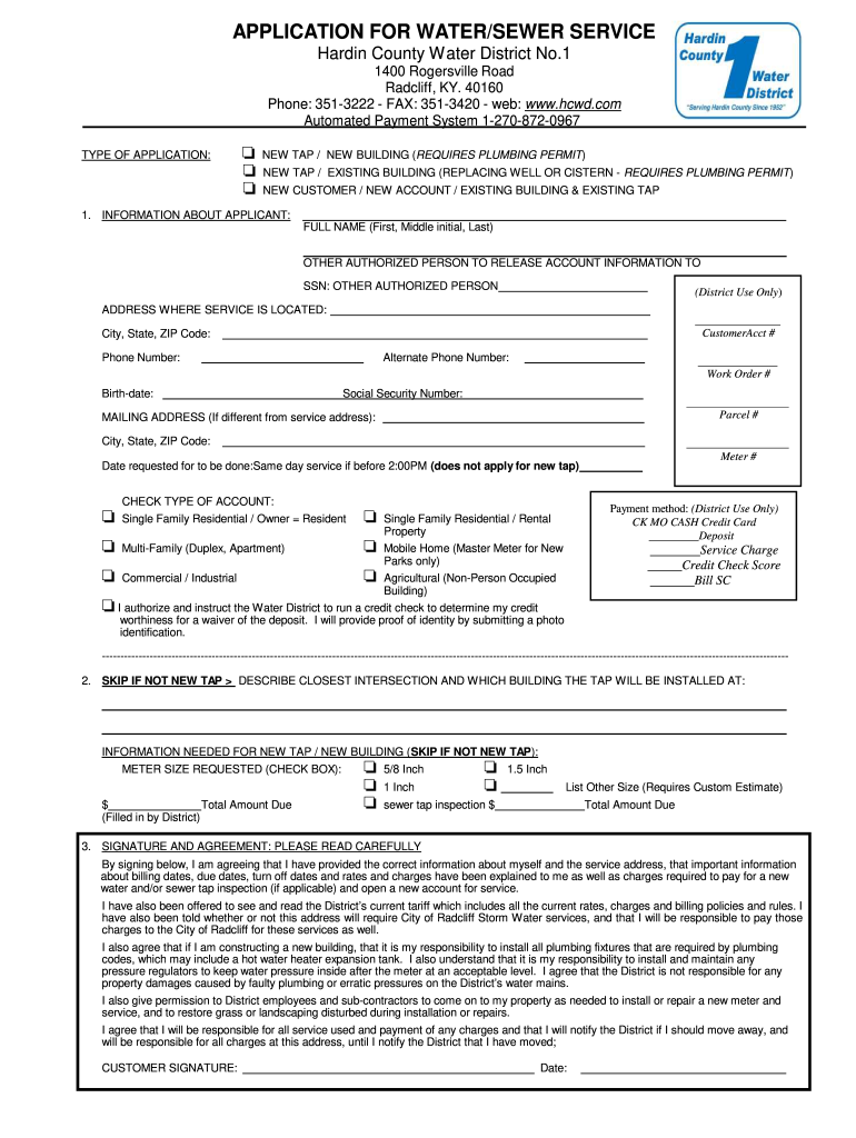 APPLICATION for WATERSEWER SERVICE Hardin County Water  Form