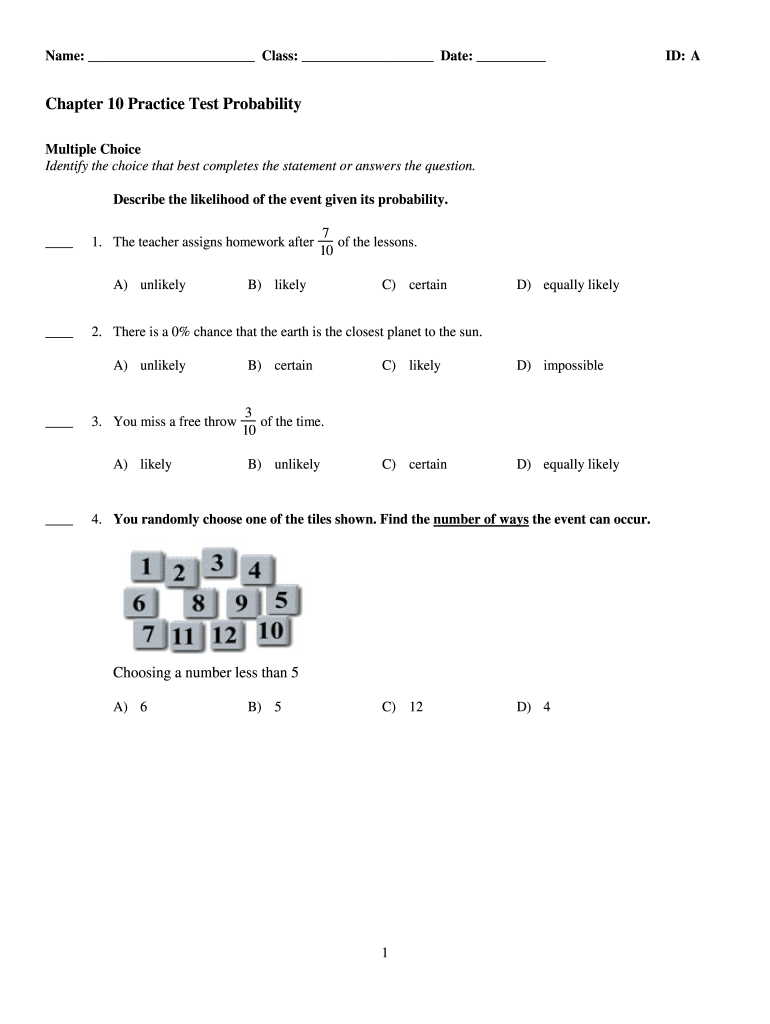 Chapter 10 Practice Test Probability Answer Key  Form