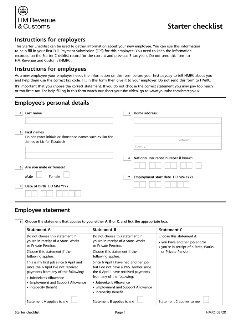  Starter Hmrc Fill Out and Sign Printable PDF Template 2020
