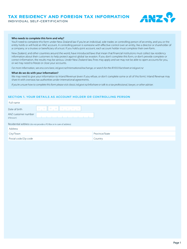Anz Individual Self Certification Form