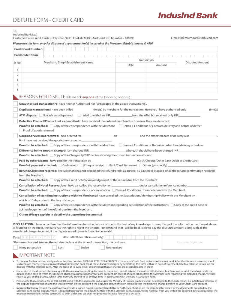  Indusind Credit Card Dispute Form 2019