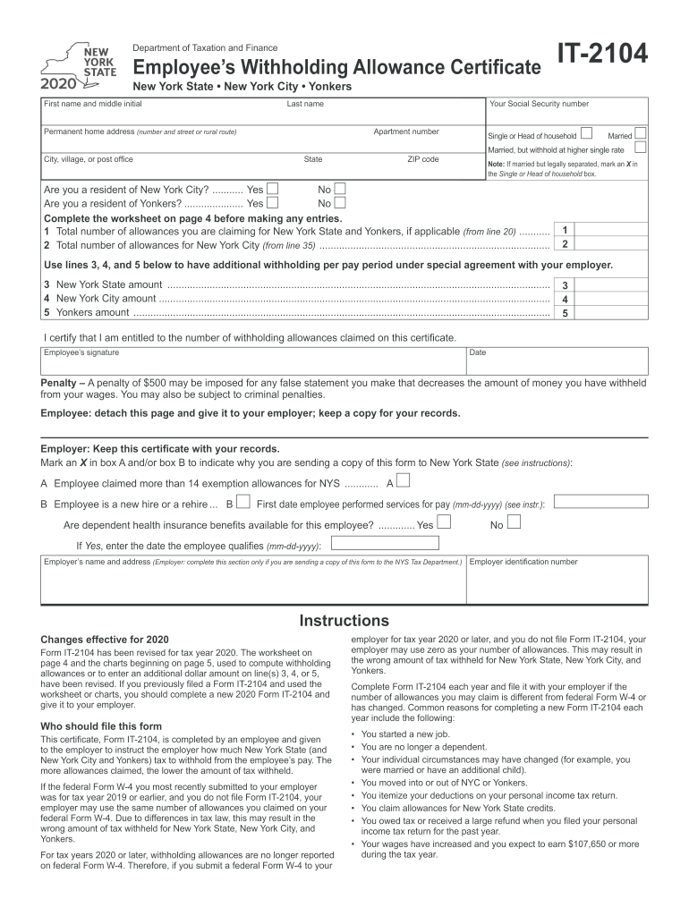 New York State Department of Taxation and Finance it 2104  Form