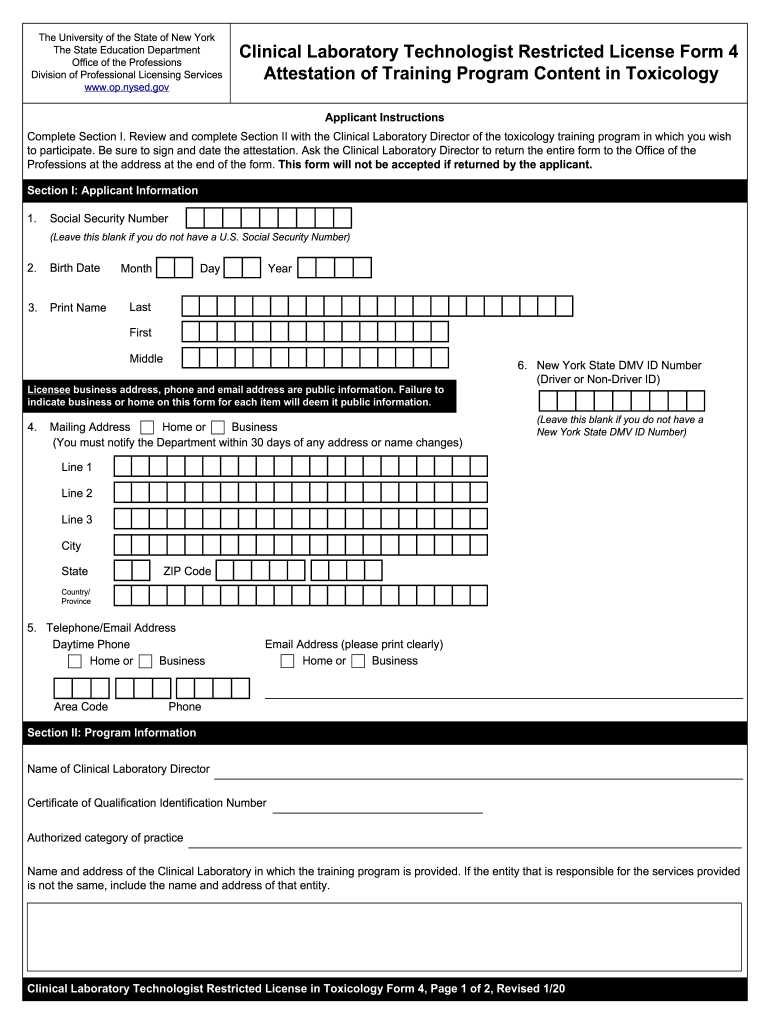 Clinical Laboratory Technologist Restricted License Form 4 Attestation of Training Program Content in Toxicology