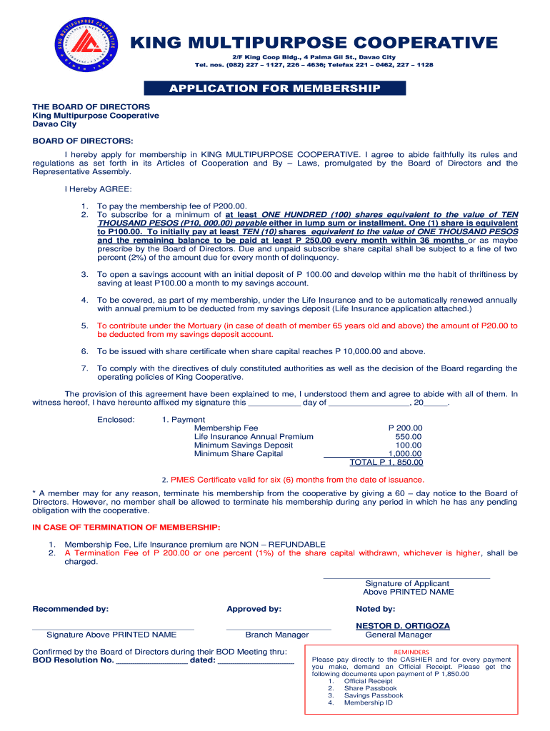 King Cooperative  Form