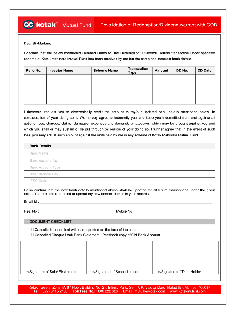 Kotak Mutual Fund Unclaimed Dividend Form