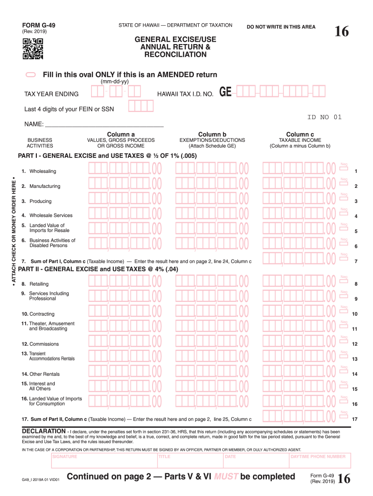  Form G 49, Annual General ExciseUse Tax Hawaii Gov 2019