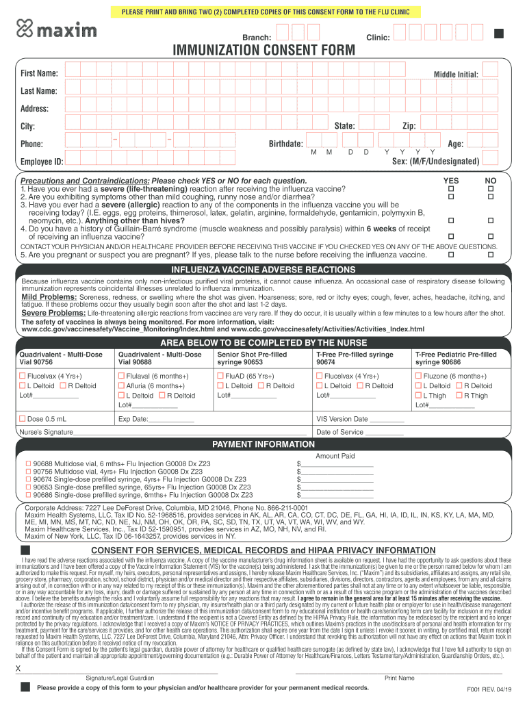 Branch Clinic IMMUNIZATION CONSENT FORM