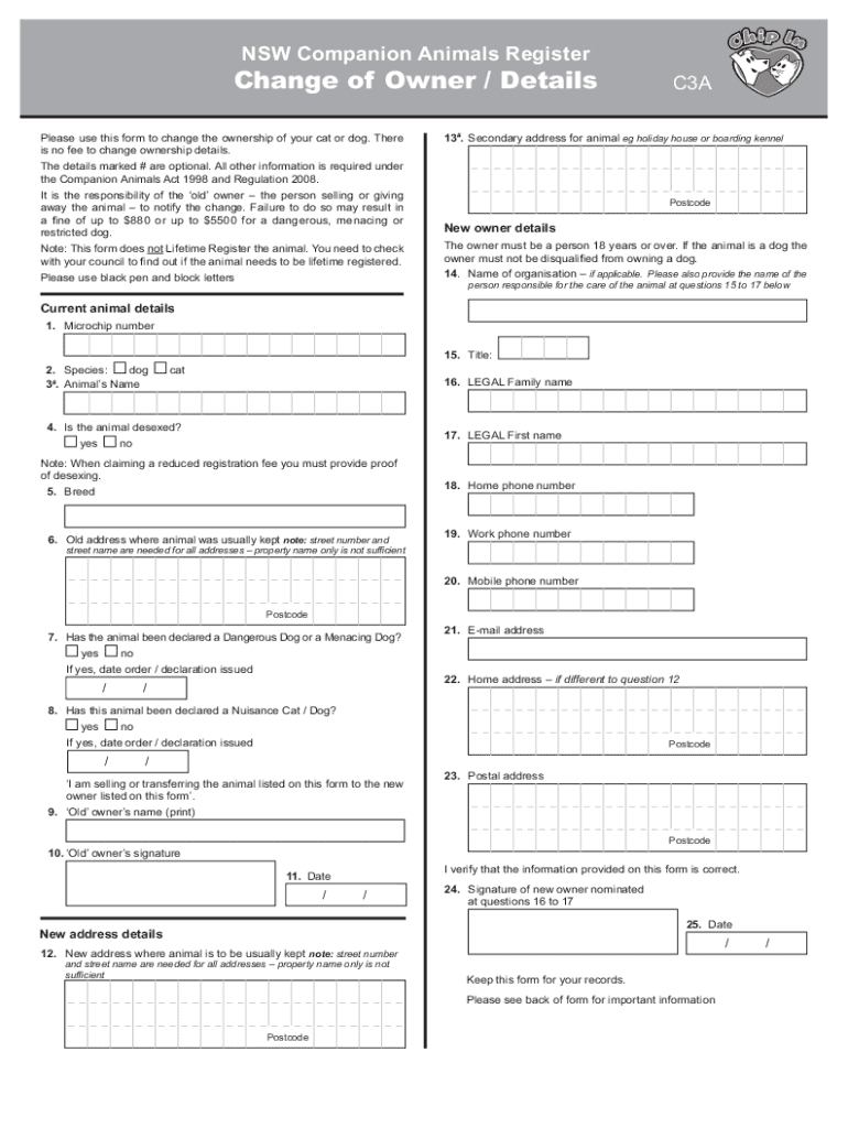  NSW Companion Animals RegisterChange of Owner De 2018-2024