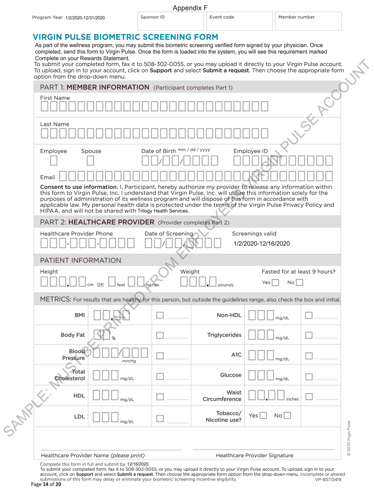 Virgin Pulse Biometric Screening Form