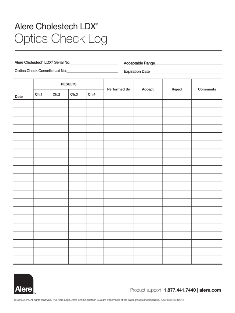 Alere Cholestech Ldx Optics Check Log  Form