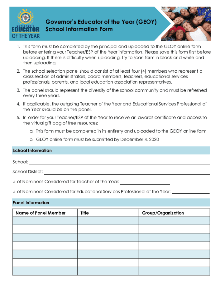 20 Governor's Educator of the Year GEOY School Information Form