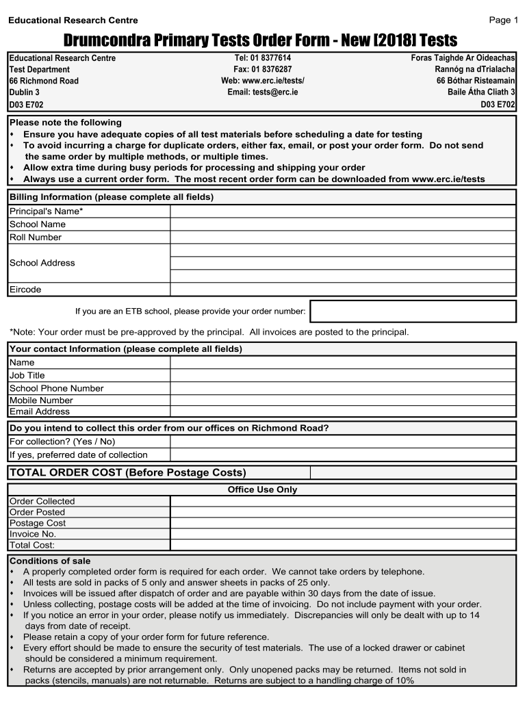 Drumcondra Tests Order  Form