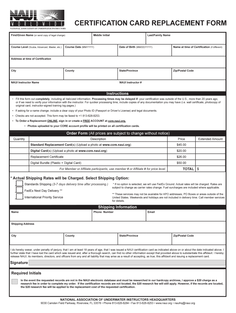 Naui Replacement  Form