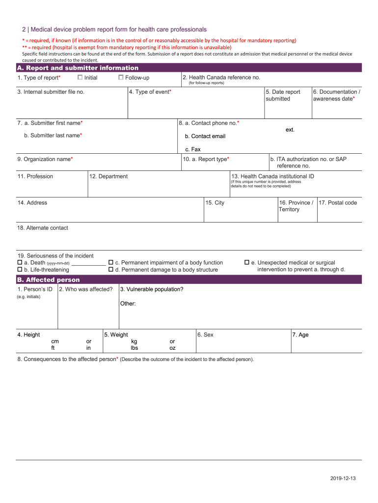 Medical Device Problem Report Form for Health Care Professionals