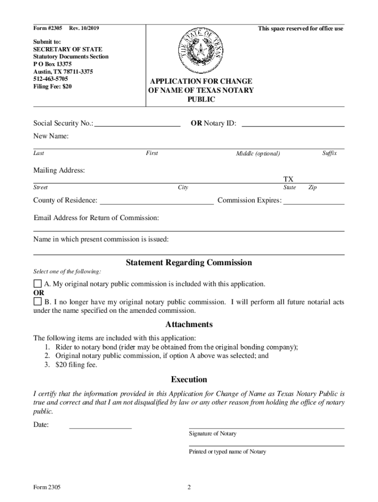  Form 2305  Application for Change of Name as Texas Notary Public 2019-2024