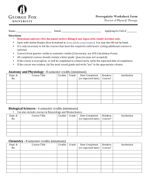 Prerequisite Worksheet Form Doctor of Physical Therapy