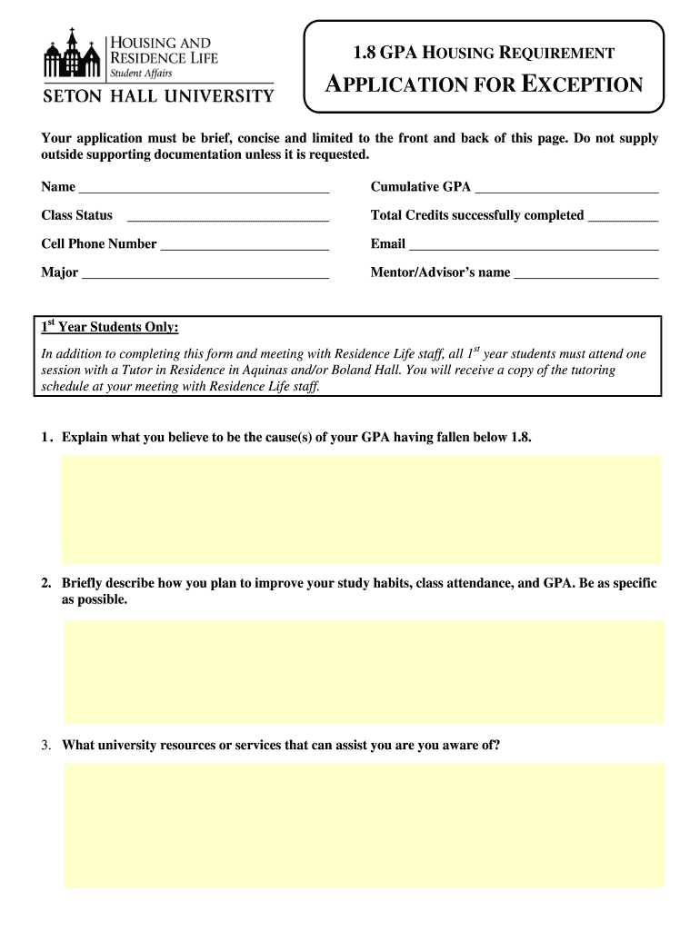 1 8 GPA Exception Form PDF Seton Hall University