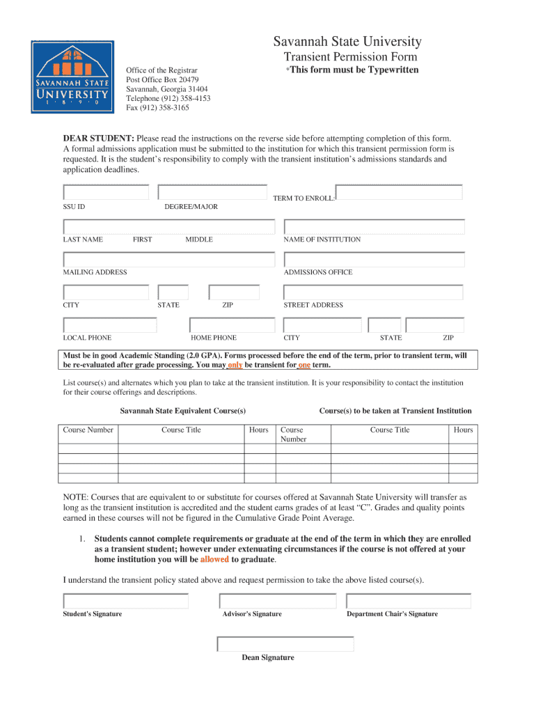 Transient Application Savannah State  Form