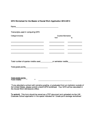 GPA Worksheet for the Master of Social Work Application  Form
