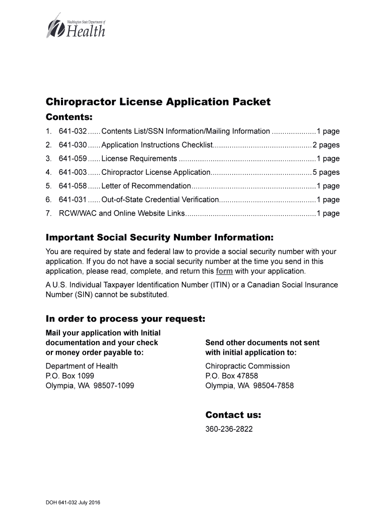 Chiropractor License Application Doh Wa  Form