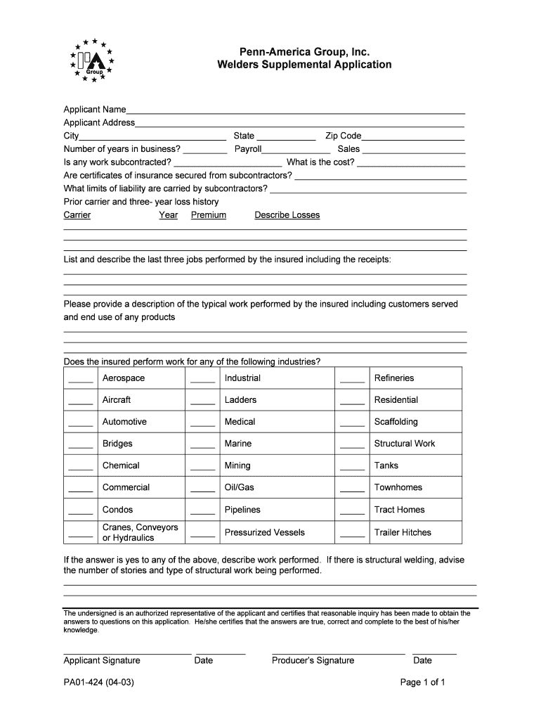 Penn America Welding Supplemental Form