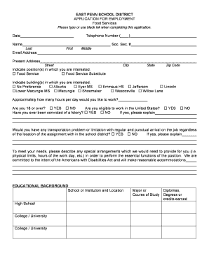 Food Service Application Eastpennsd  Form