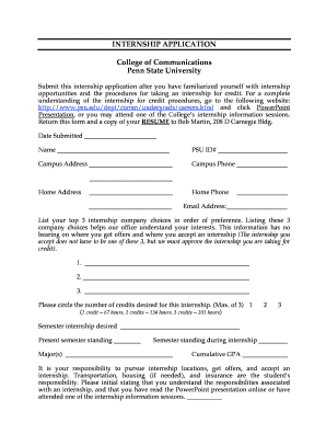 INTERNSHIP APPLICATION College of Communications Penn  Form