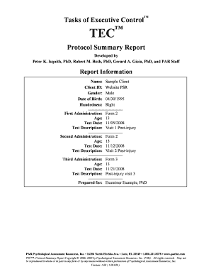 TEC Protocol Summary Report  Form