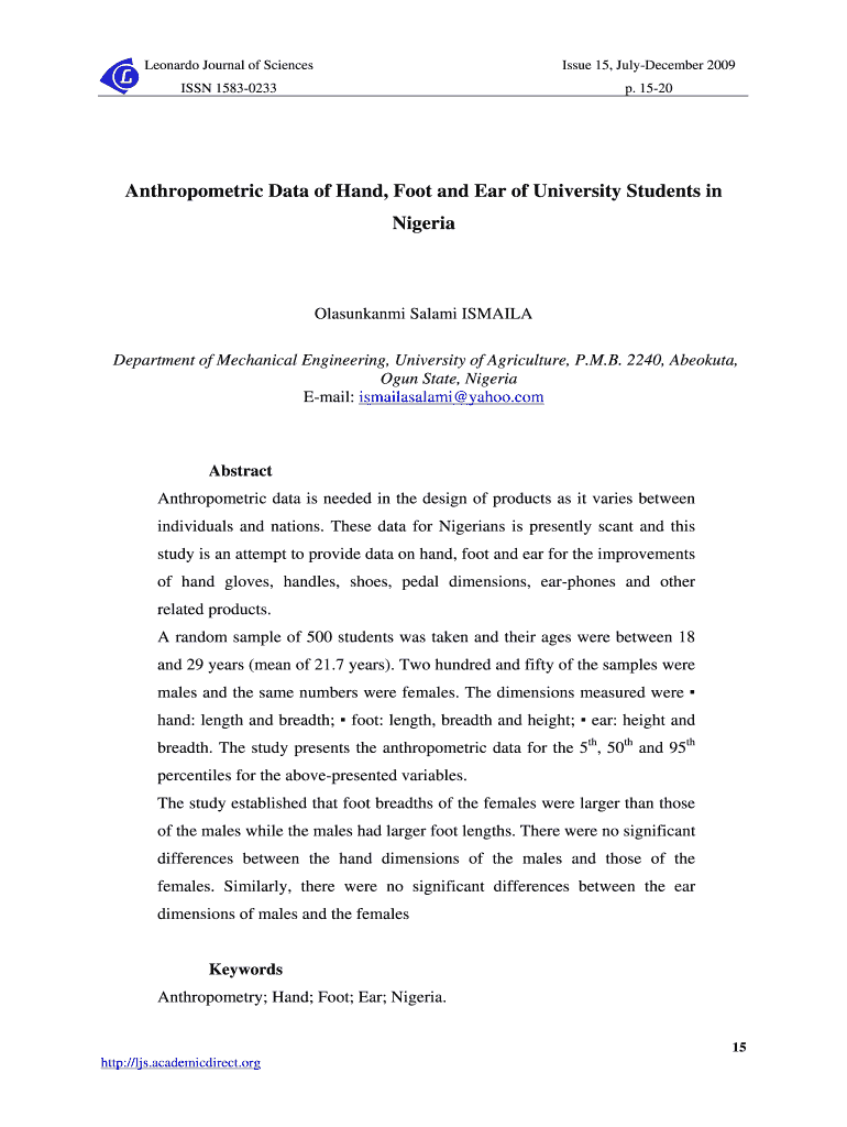 Anthropometric Data of Hand, Foot and Ear of University Students in  Form