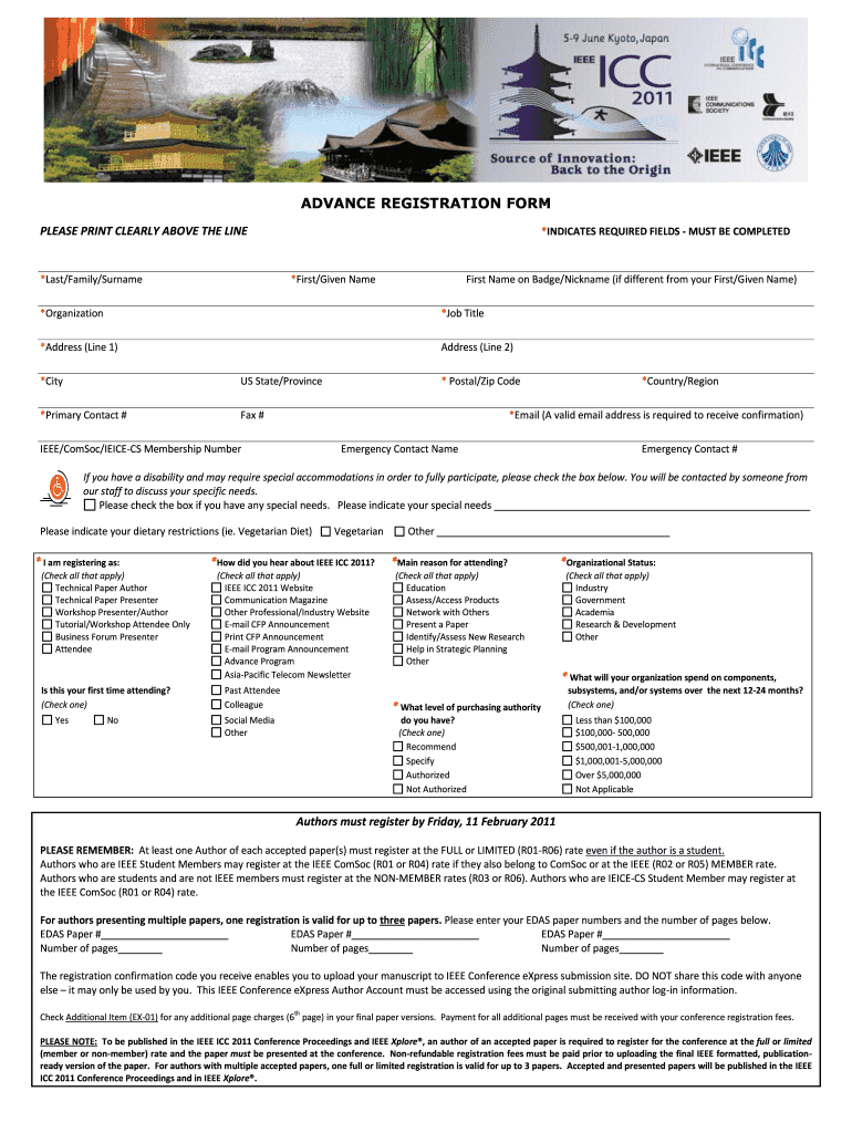 ADVANCE REGISTRATION FORM  IEEE ICC  Ieee Icc