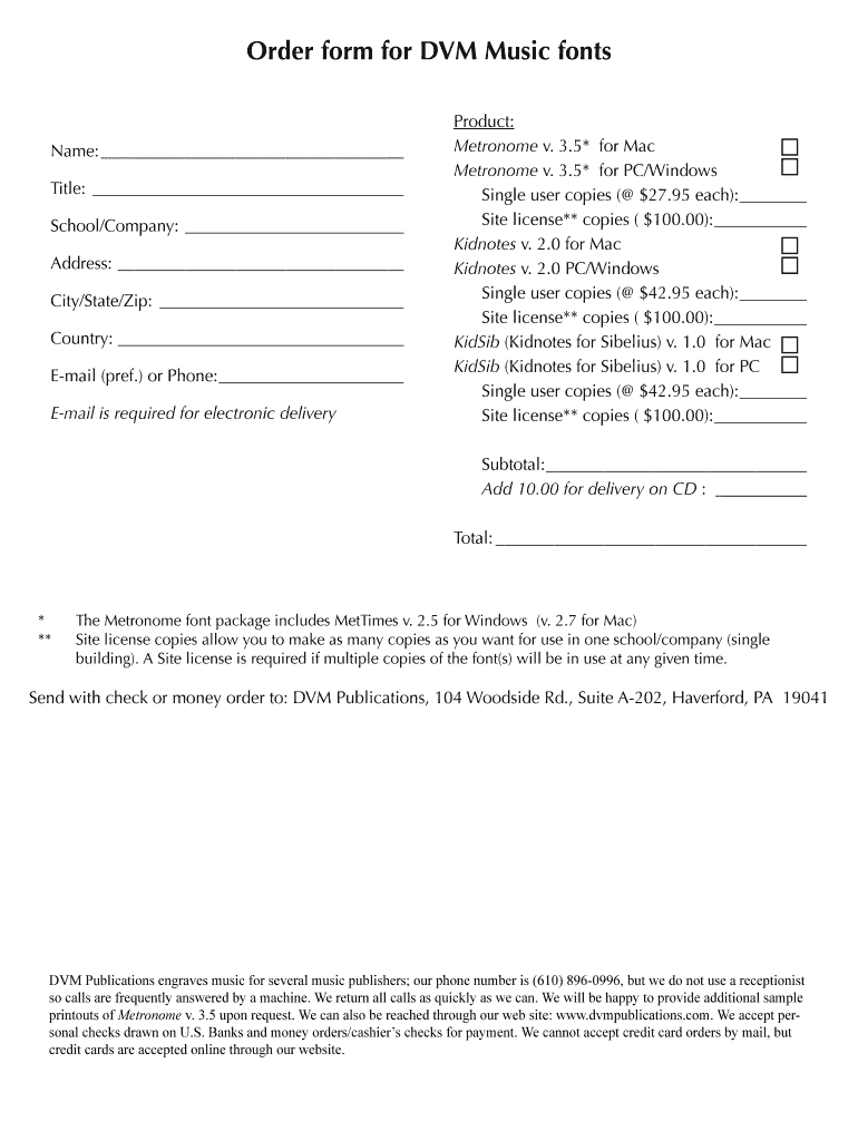 Order Form for DVM Music Fonts
