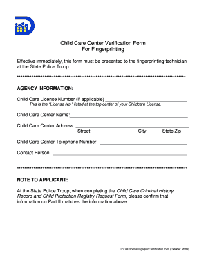  Verification Child Care Center for Fingerprinting Form Delaware 2006-2024