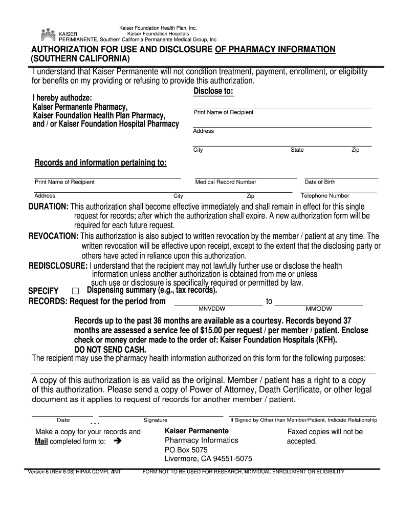  Kaiser Authorization for Communication of Protected Health Information to Family Members and Friends 2008-2024