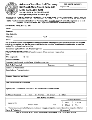 Arkansas State Board of Pharmacy Continuing Education Form