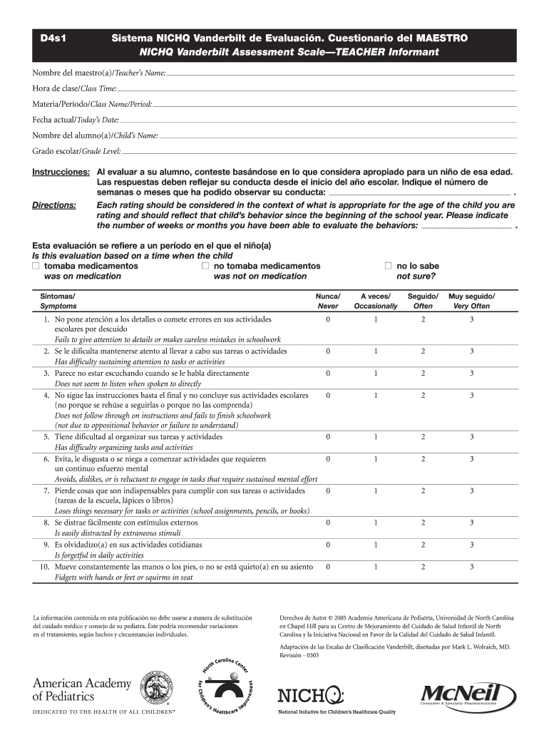 Adhd Teacher Follow Up Vanderbilt  Form