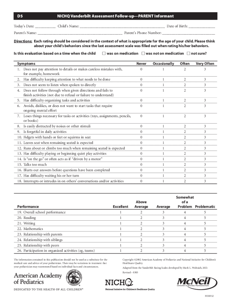 NICHQ Vanderbilt Assessment Follow Up PARENT Informant D5