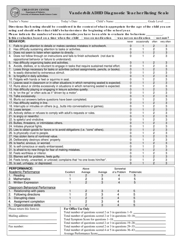 Vanderbilt Adhd Test for Adults PDF  Form