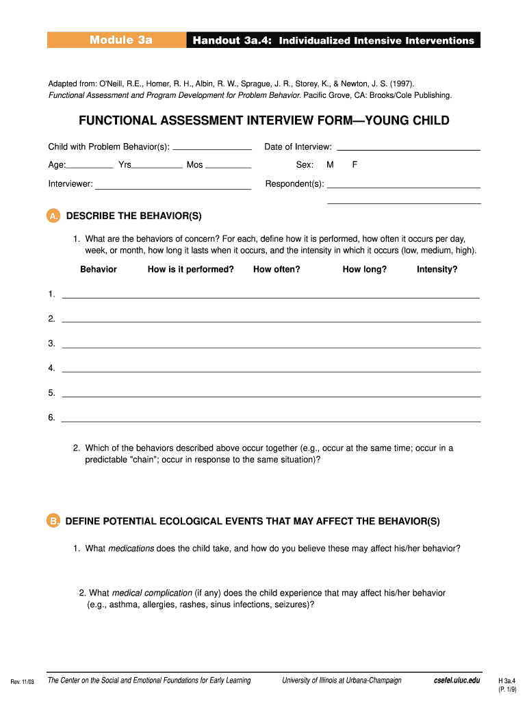 FUNCTIONAL ASSESSMENT INTERVIEW FORM YOUNG CHILD  Csefel Vanderbilt