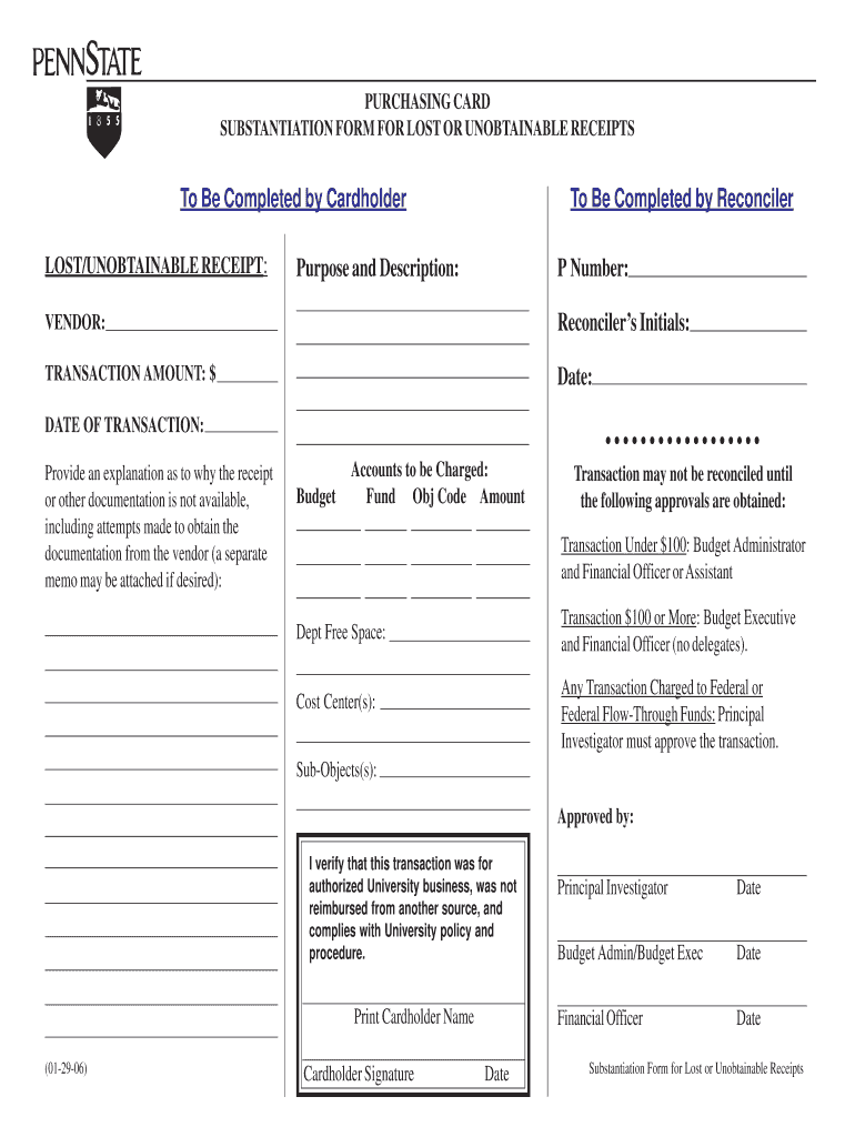 Purchasing Card Substantiation Form for Lost or Unobtainable