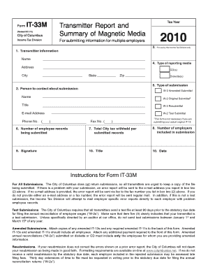 Form it 33M Revised 83110 City of Columbus Income Tax Division Transmitter Report and Summary of Magnetic Media for Submitting I