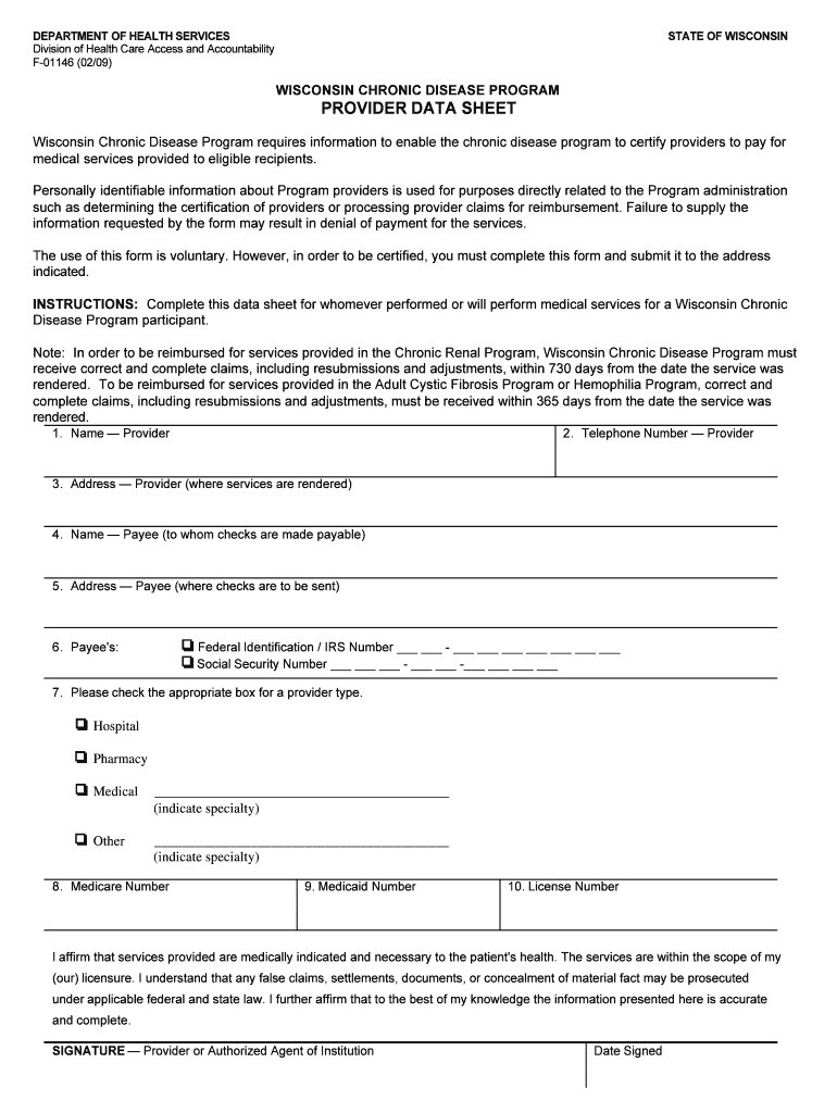 Wisconsin Chronic Disease Program Provider Data Sheet, F 1146 Wisconsin Chronic Disease Program Provider Data Sheet  Form