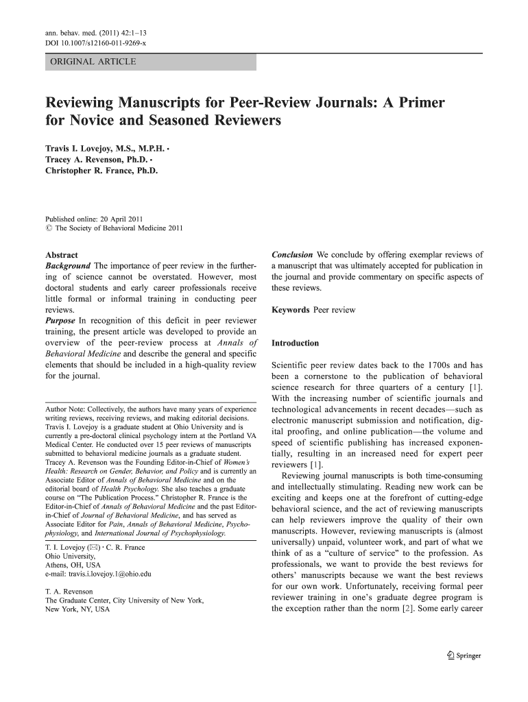 Reviewing Manuscripts for Peer Review Journals a Primer  Form