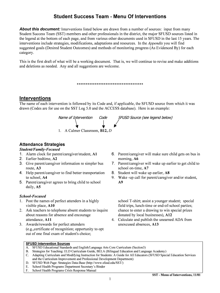 Student Success Team Menu of Interventions  Form