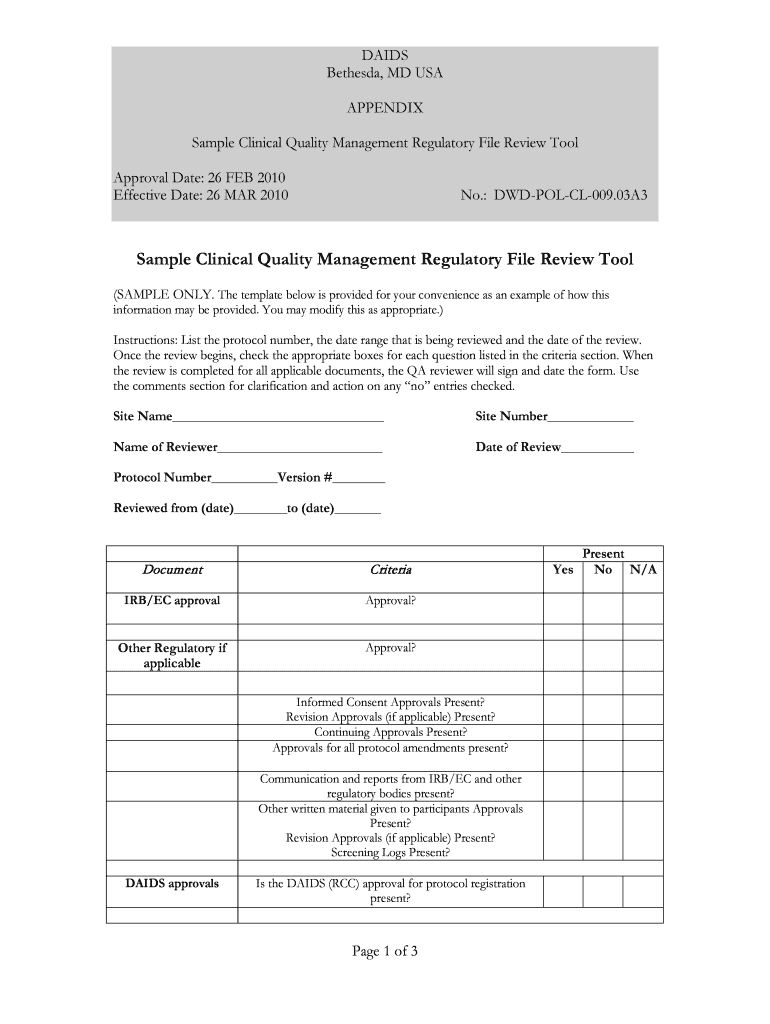 Sample Clinical Quality Management Regulatory File Review Tool Sample Clinical Quality Management Regulatory File Review Tool Ni  Form