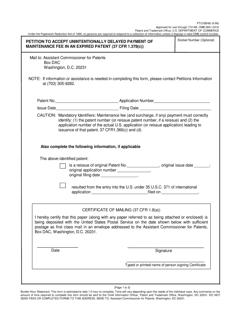 PTOSB66 9 99 Approved for Use through 73199 Ftp Cerias Purdue  Form