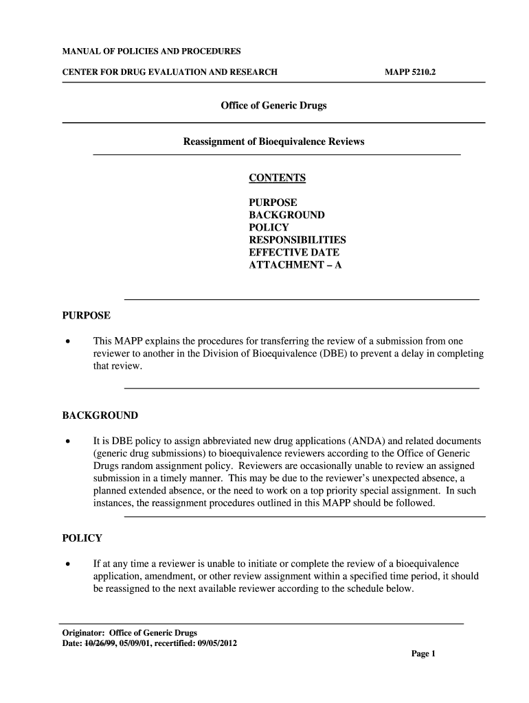 Reassignment of Bioequivalence Reviews MANUAL of POLICIES and PROCEDURES Fda  Form