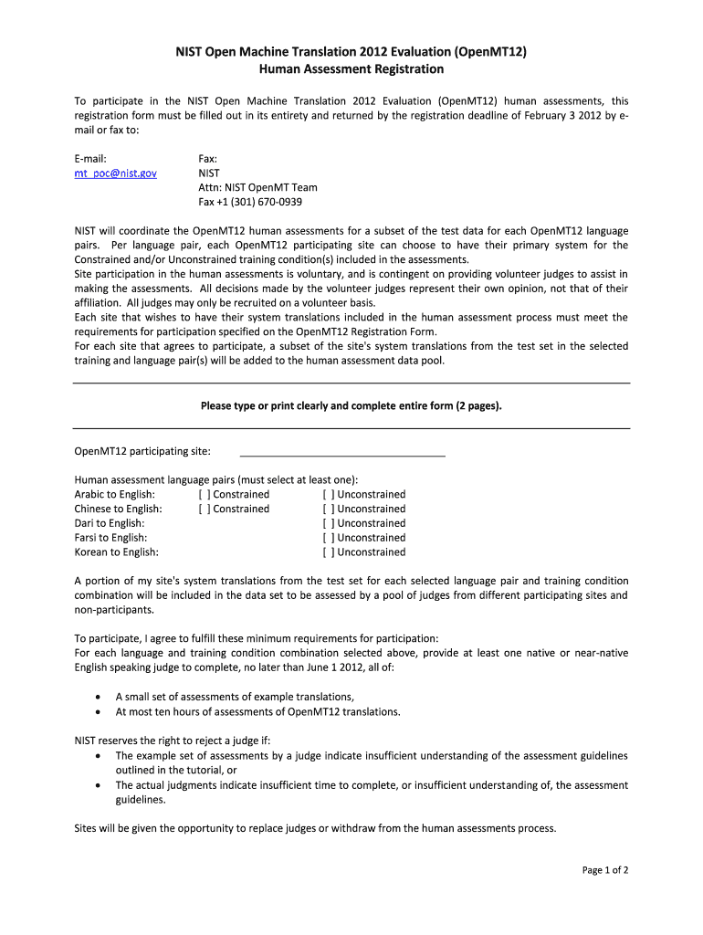 Human Assessment Registration NIST Nist  Form