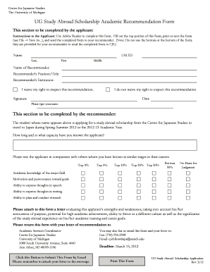 UG Study Abroad Scholarship Academic Recommendation Form