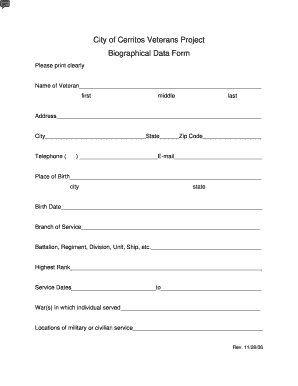 City of Cerritos Veterans Project Biographical Data Form